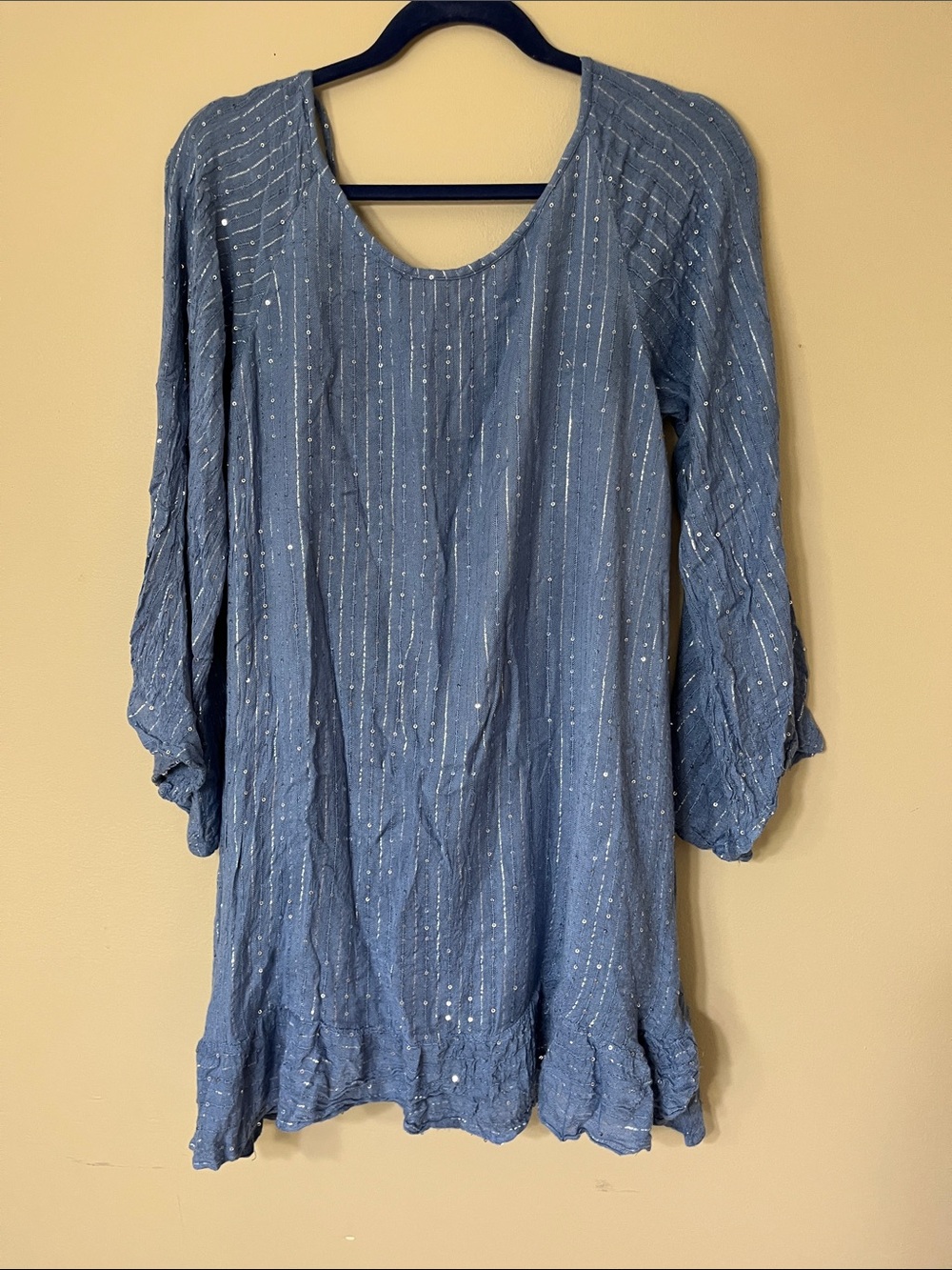 Slate Blue Long Sleeve Ruffle-Hem Dress